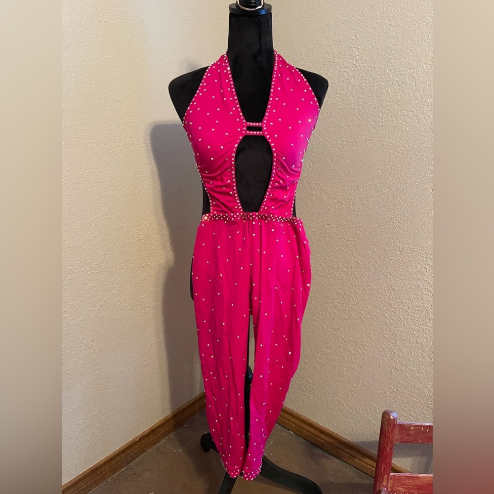 Custom stoned dance costume with black gloves